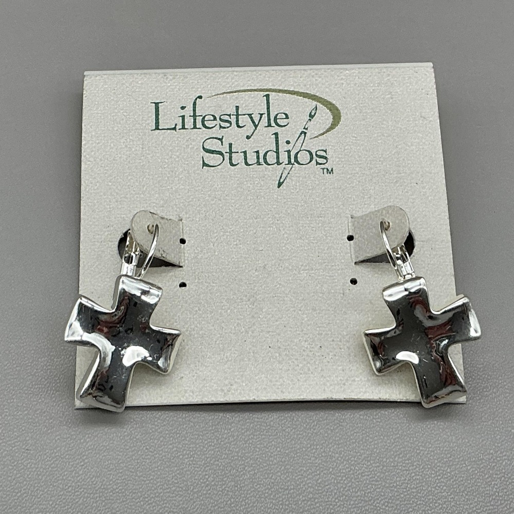 Lifestyle Studios Earrings Silver‎ Tone Cross Dangle Drop Womens Religious 1"